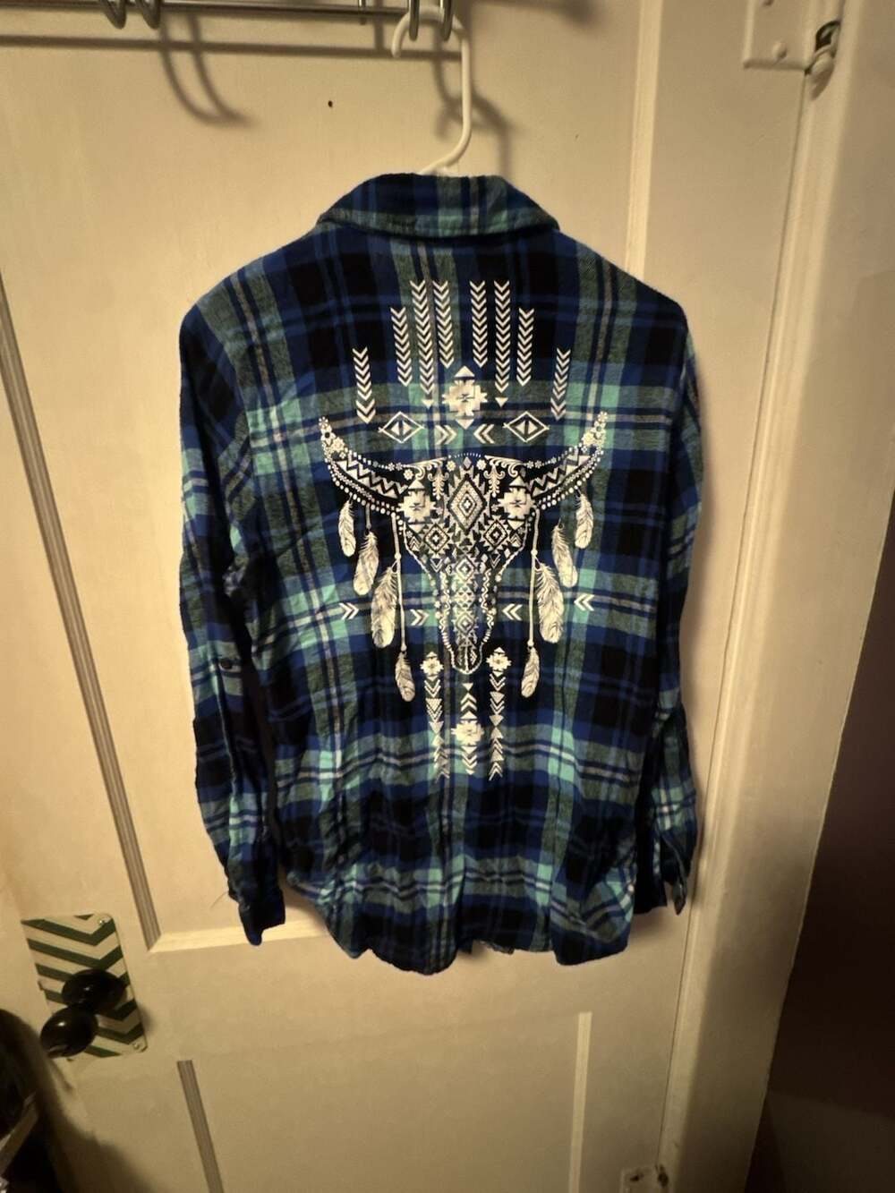 Derek Heart Blue Plaid Button Down Flannel Shirt Bull Skull Back Graphic Size L